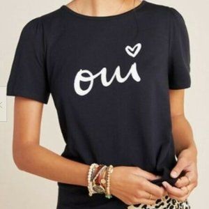 Anthropologie Kera Till "Oui" Graphic Black Crew Neck T-Shirt Top Medium